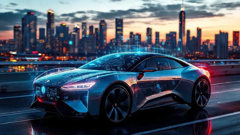 Un coche futurista navega en la ciudad