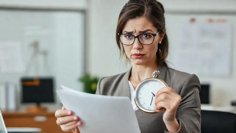 Abogada confundida revisa documentos legales