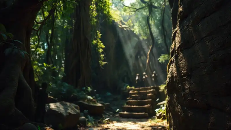 Bosque antiguo, piedra, símbolos, luz tenue