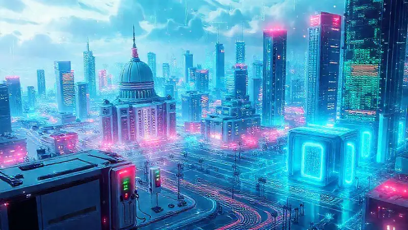 Ciudad futurista vibrante y optimista