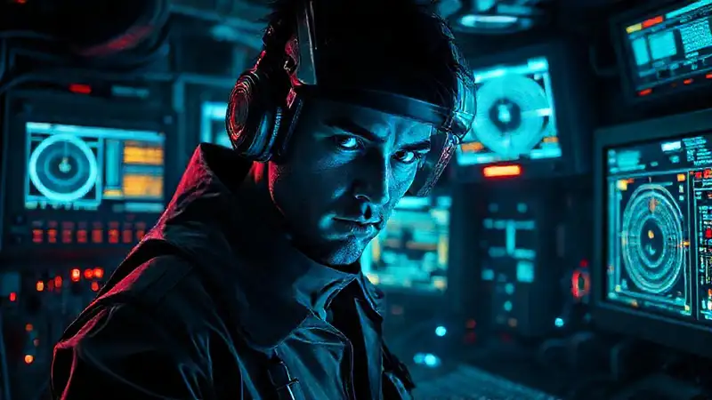 Técnico cyberpunk analiza datos en lab oscuro