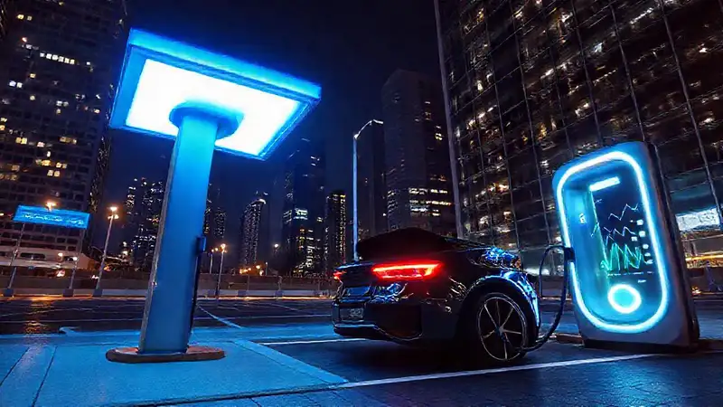 Estación de carga eléctrica iluminada al nocturno