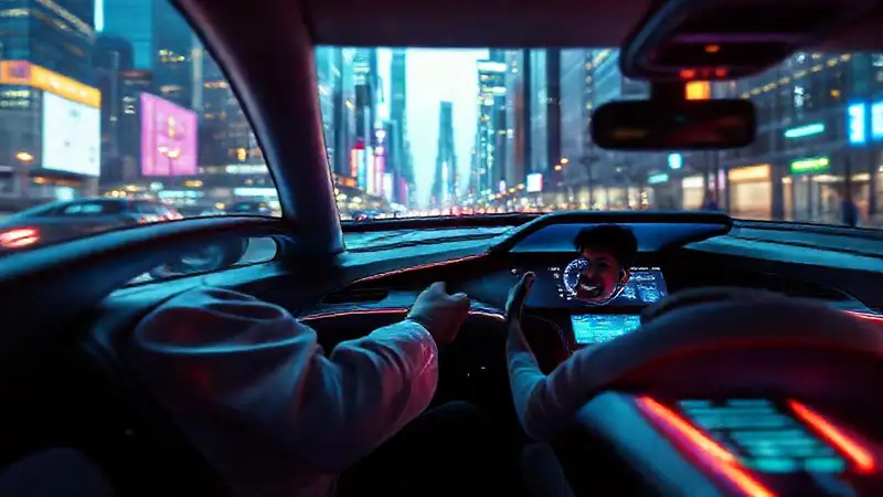 Ciudad futurista: coche eléctrico y optimismo