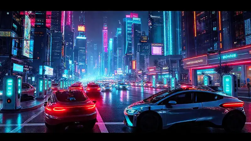 Ciudad futurista, luces y tecnología brillante