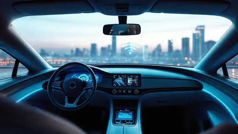 Coche futurista azul ilumina la ciudad