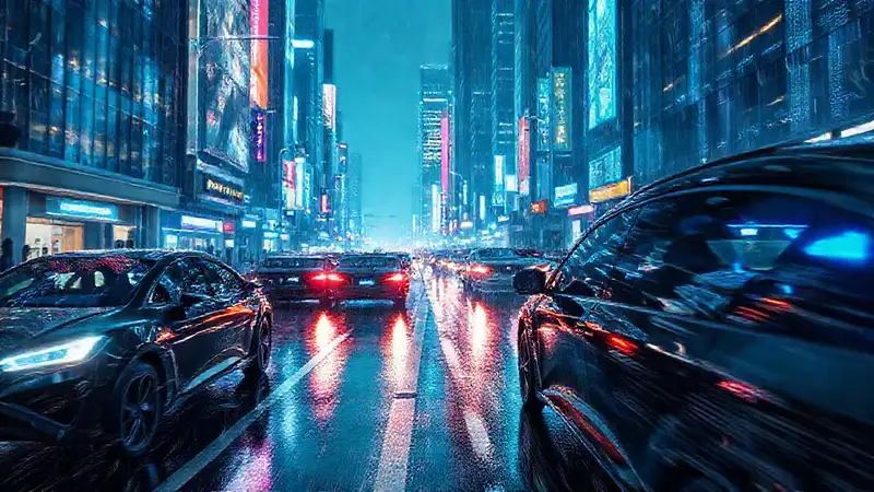 Ciudad futurista y lluviosa, brillante y dinámica