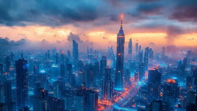 Ciudad futurista, tormenta y energía brillante