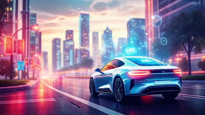 Ciudad futurista, vehículo eléctrico y optimismo