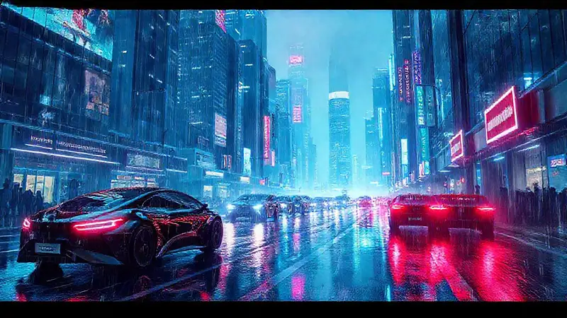 Ciudad futurista reluce bajo luces neón