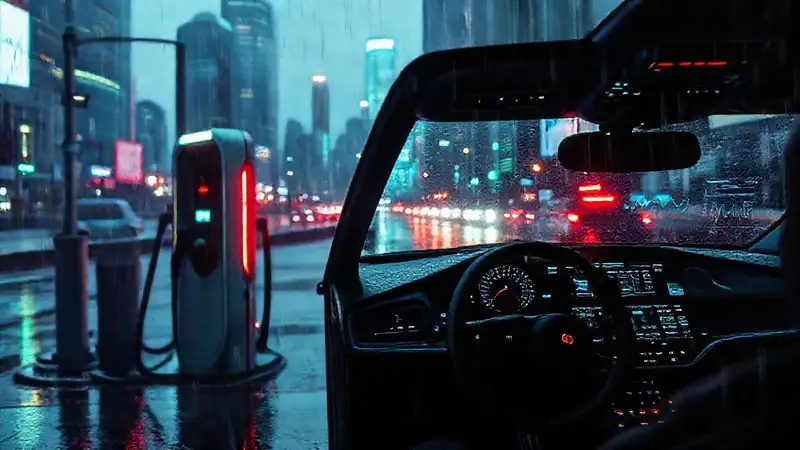 Futuro tecnológico bajo lluvia neón