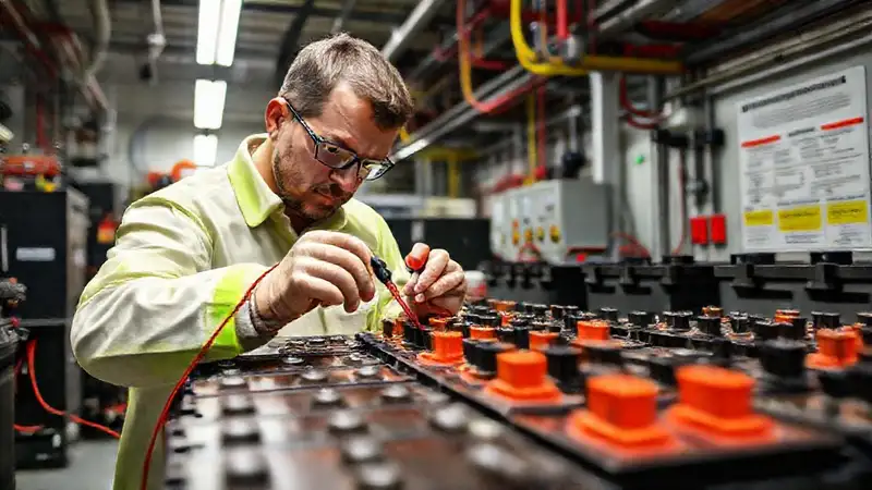 Técnico inspecciona baterías con precisión
