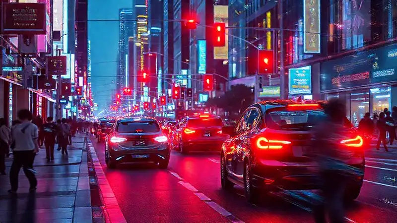 Ciudad futurista: vehículos autónomos y luces vibrantes