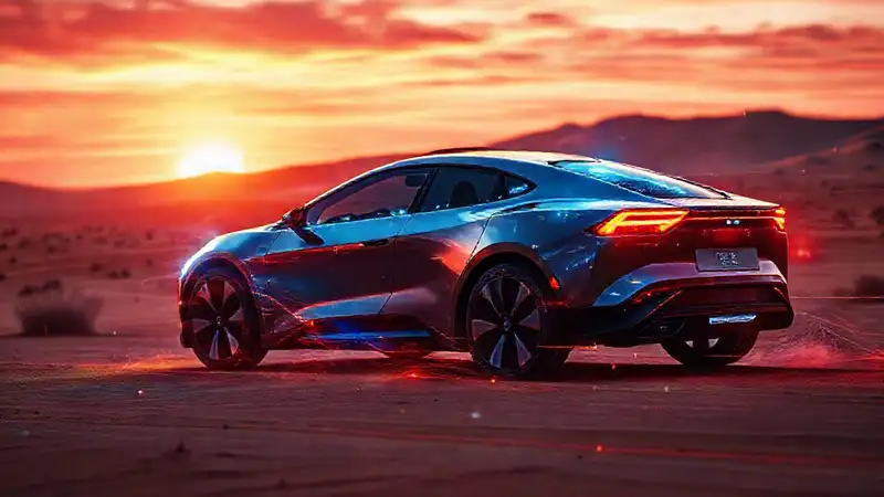 Coche eléctrico futurista en el desierto 2025