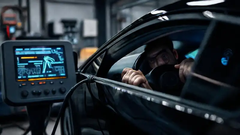 Un mecánico avería un coche eléctrico confundido