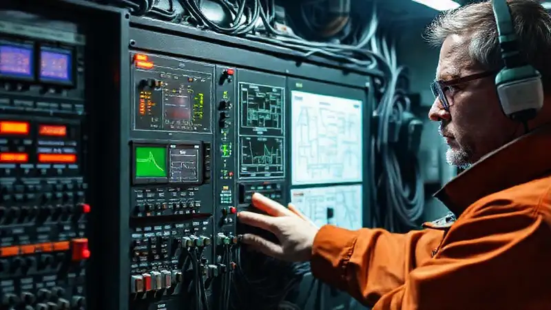 Técnico revisa un panel industrial complejo