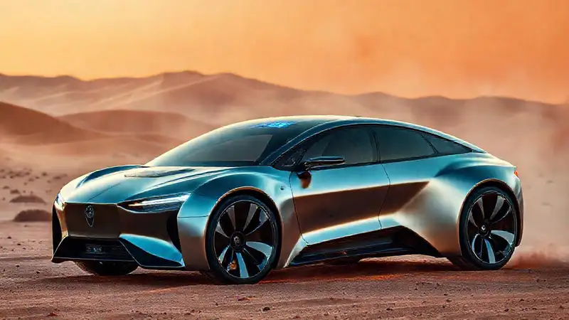 Un auto futurista destaca en el desierto