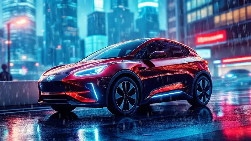 Coche eléctrico brillante en la ciudad