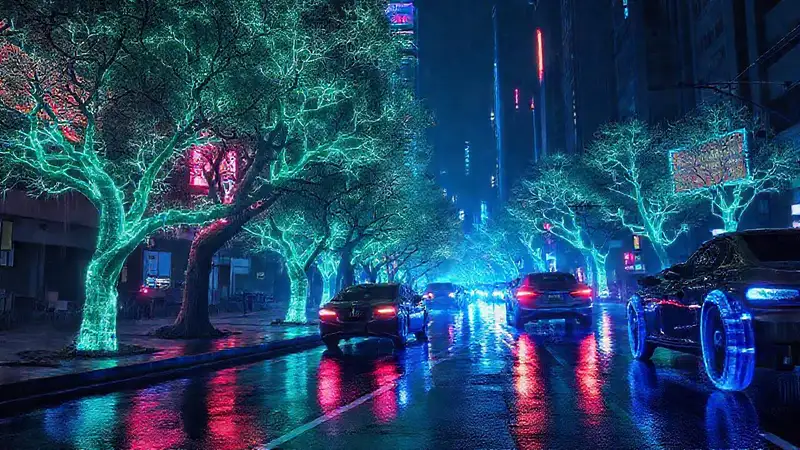 Ciudad futurista brilla con intensidad