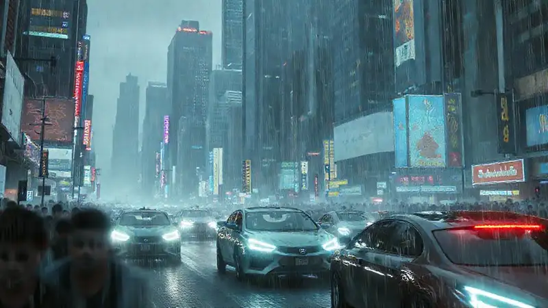 Ciudad futurista, ansiedad y lluvia digital