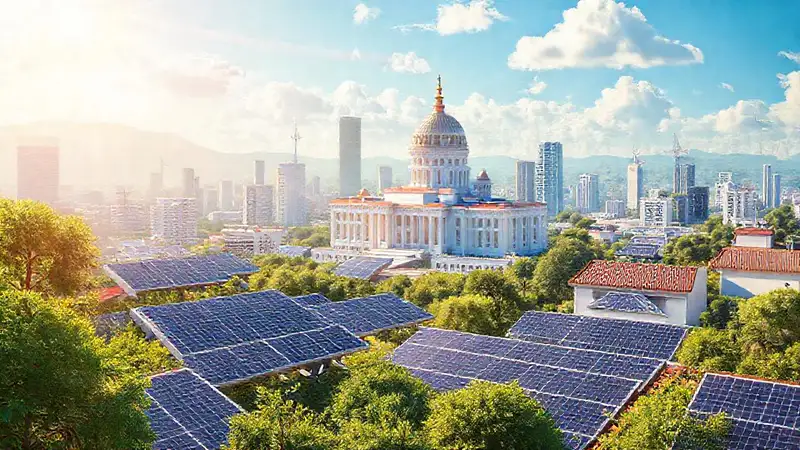 Paneles solares iluminan una ciudad sostenible