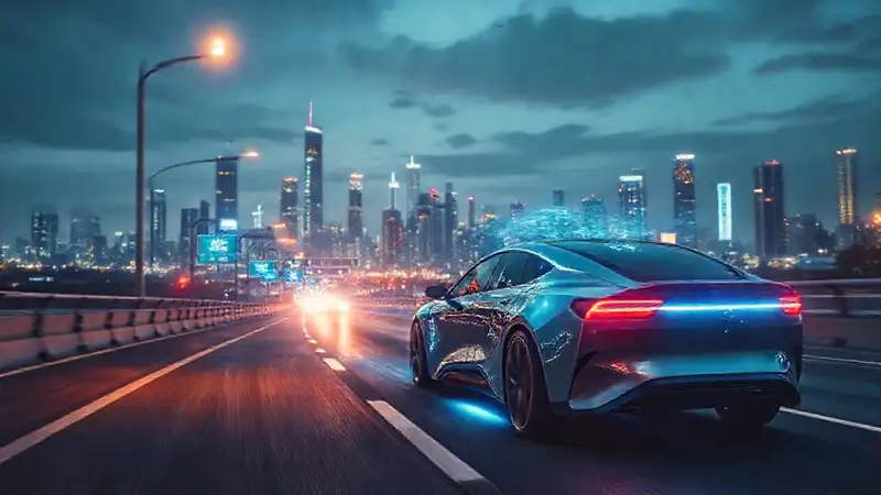 Coche eléctrico futurista brilla en la noche