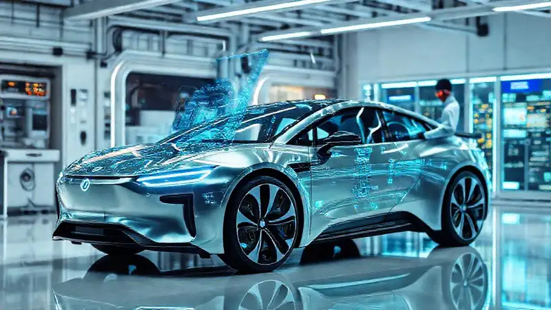 Un técnico examina un coche eléctrico futurista