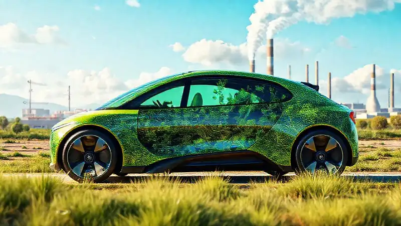 Coche futurista verde impulsa aire limpio