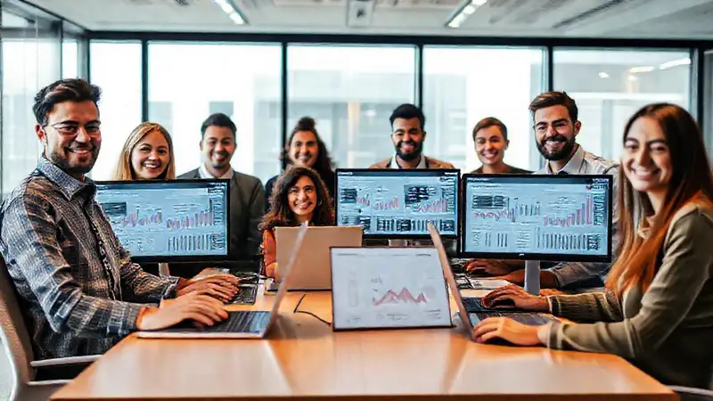 Oficina moderna, equipo diverso, 2025 tecnológica