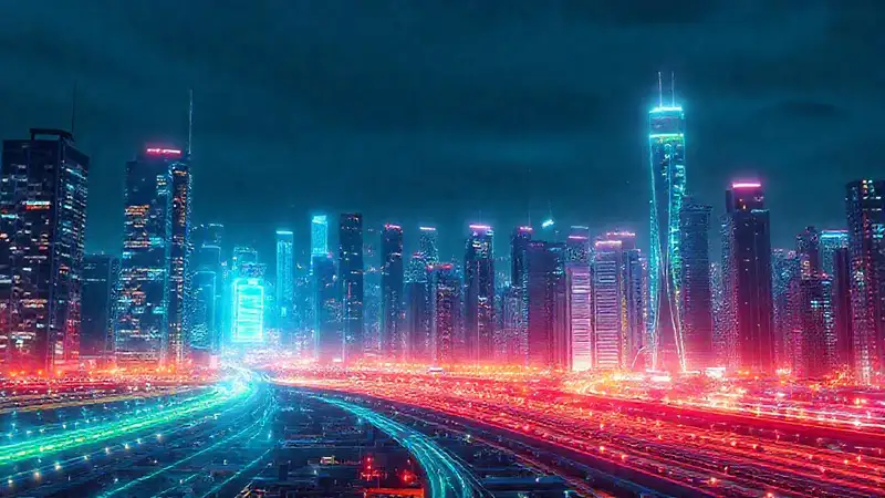 Ciudad futurista brillante y digitalizada en 2025