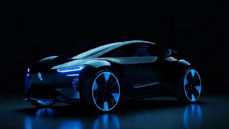 Coche eléctrico futurista, azul brillante, 2025