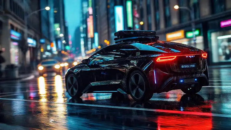 Coche autónomo futurista en ciudad lluviosa