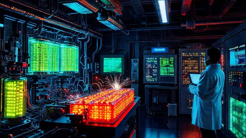 Laboratorio futurista con baterías brillantes observa