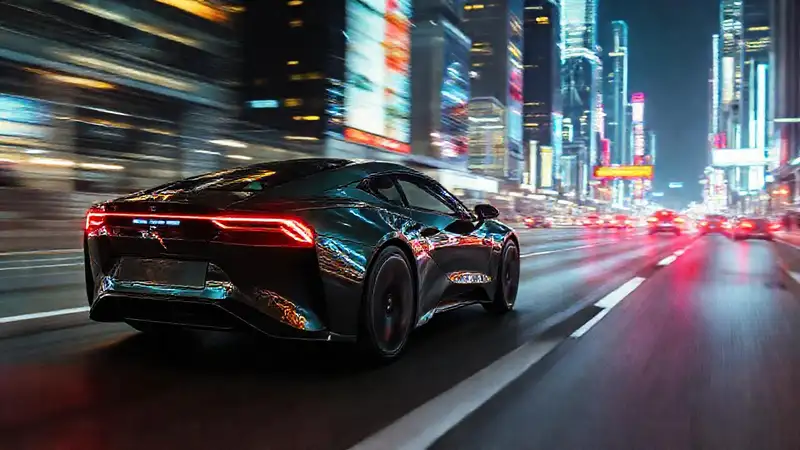 Ciudad futurista, coche eléctrico, velocidad y luces