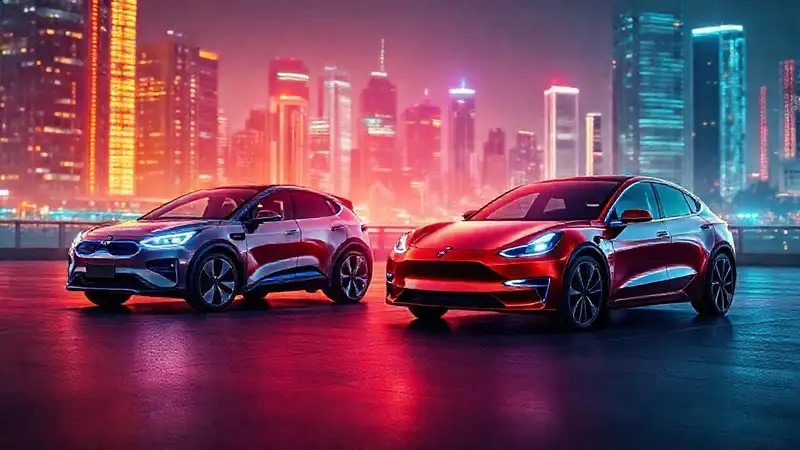 Coches eléctricos futuristas brillan en la ciudad