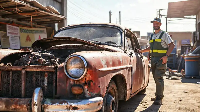 Un trabajador feliz reconstruye un coche
