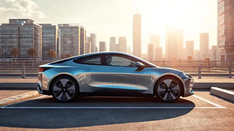 Ciudad futurista con coche eléctrico feliz