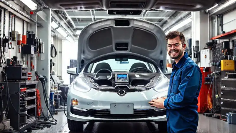 El mecánico feliz revisa el coche eléctrico