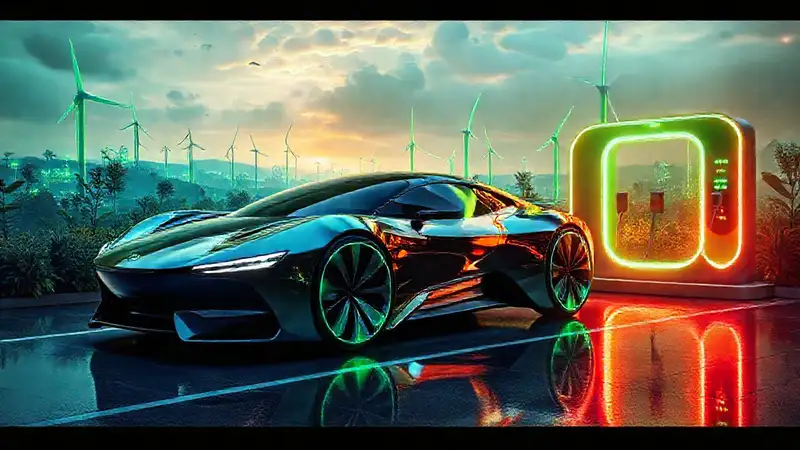 Coche futurista eléctrico en ciudad verde