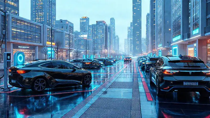 Ciudad futurista, energía eléctrica, 2025