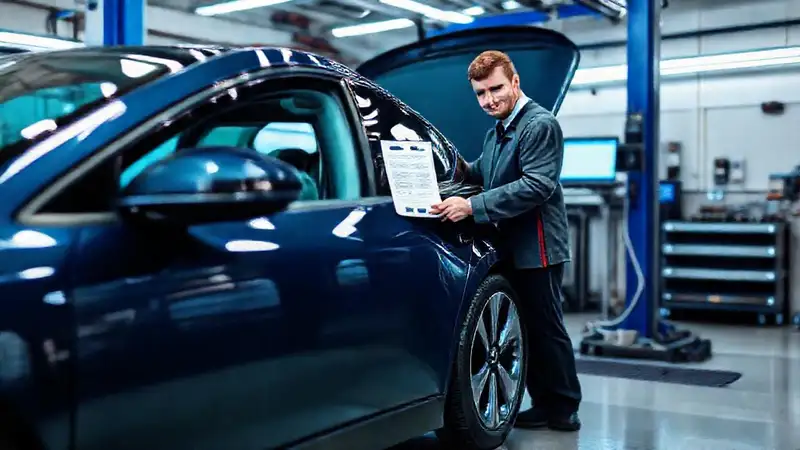 El técnico revisa el coche eléctrico con garantía