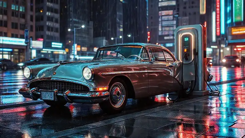 Coche clásico eléctrico en noche urbana