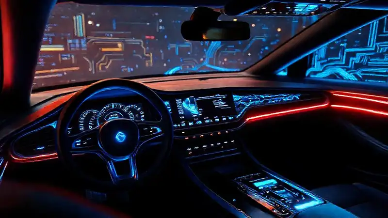 El coche futurista muestra datos digitales vibrantes