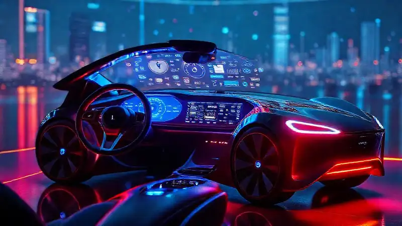 Coche eléctrico futurista, diseño brillante y digital