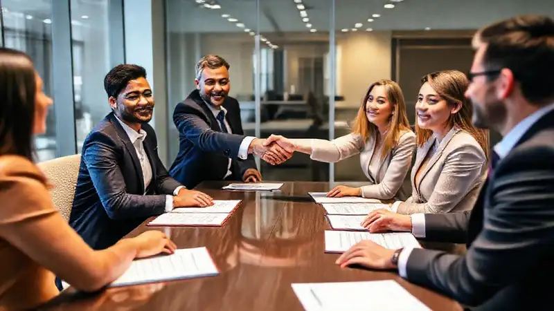 Equipo diverso cierra contrato profesionalmente