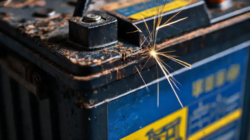 Batería vieja, detalles técnicos, luz azul