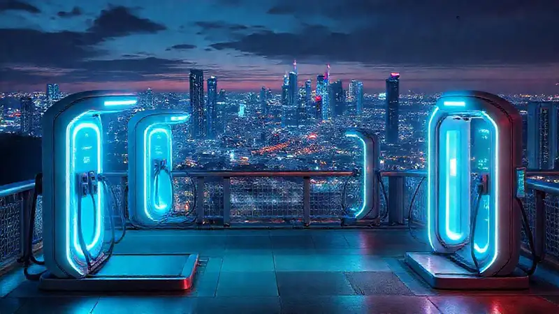Estaciones futuristas cargan con energía azul