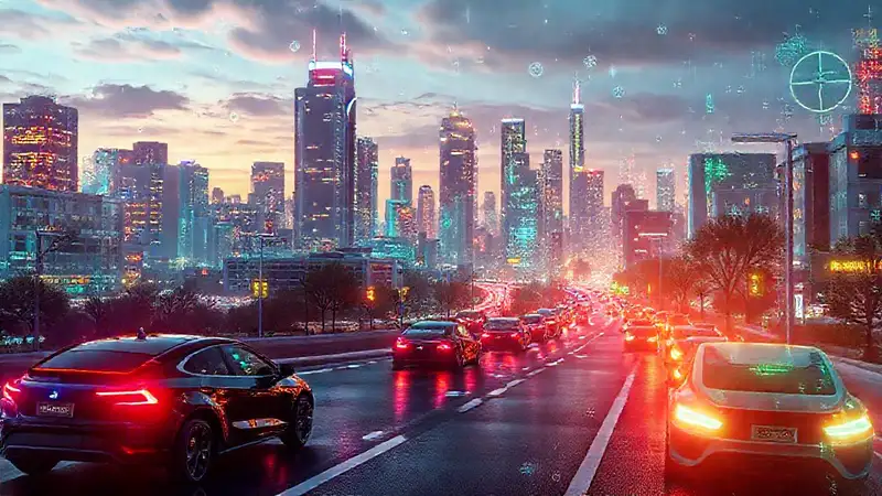 Ciudad futurista, energía digital y colorida