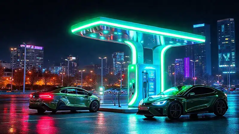 Estación futurista carga vehículos eléctricos brillantemente