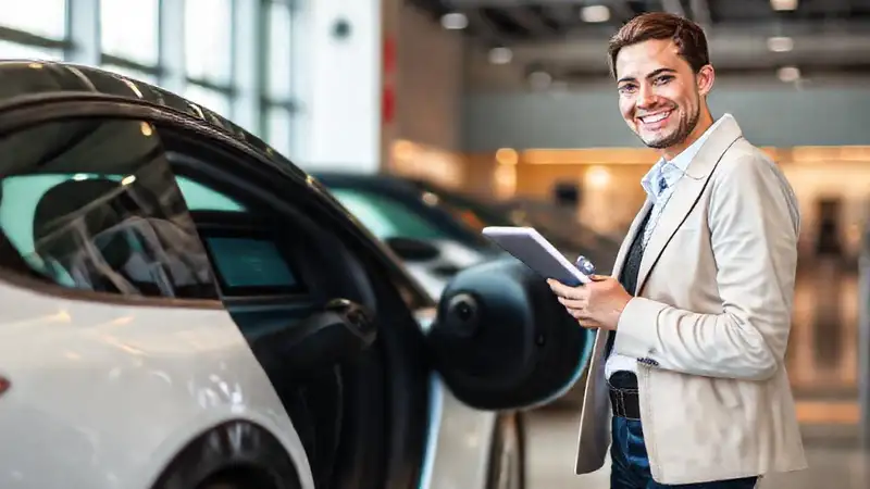 Un cliente feliz compra un coche eléctrico