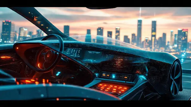 Coche eléctrico futurista refleja la ciudad